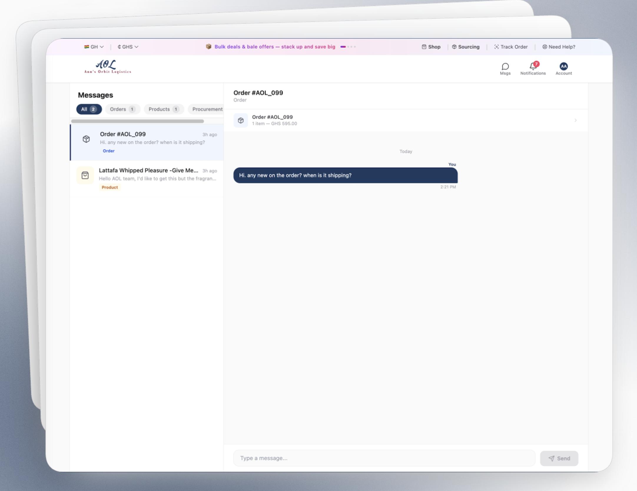 Desktop messaging panel with thread list and conversation