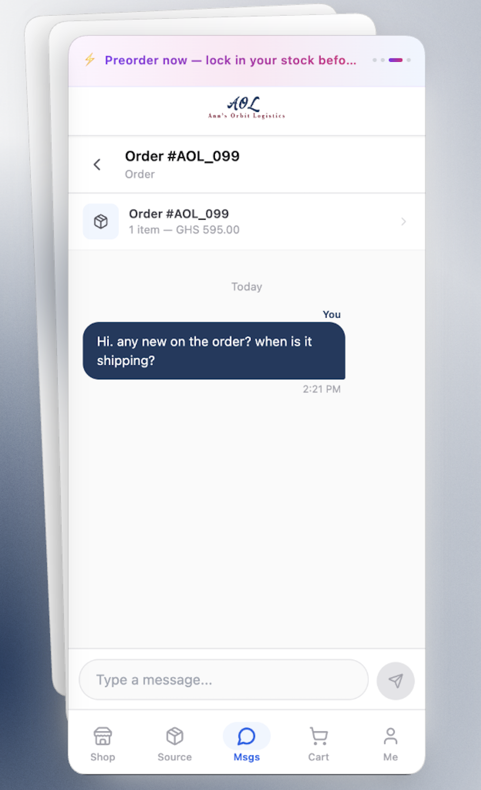 Mobile messaging thread with order conversation