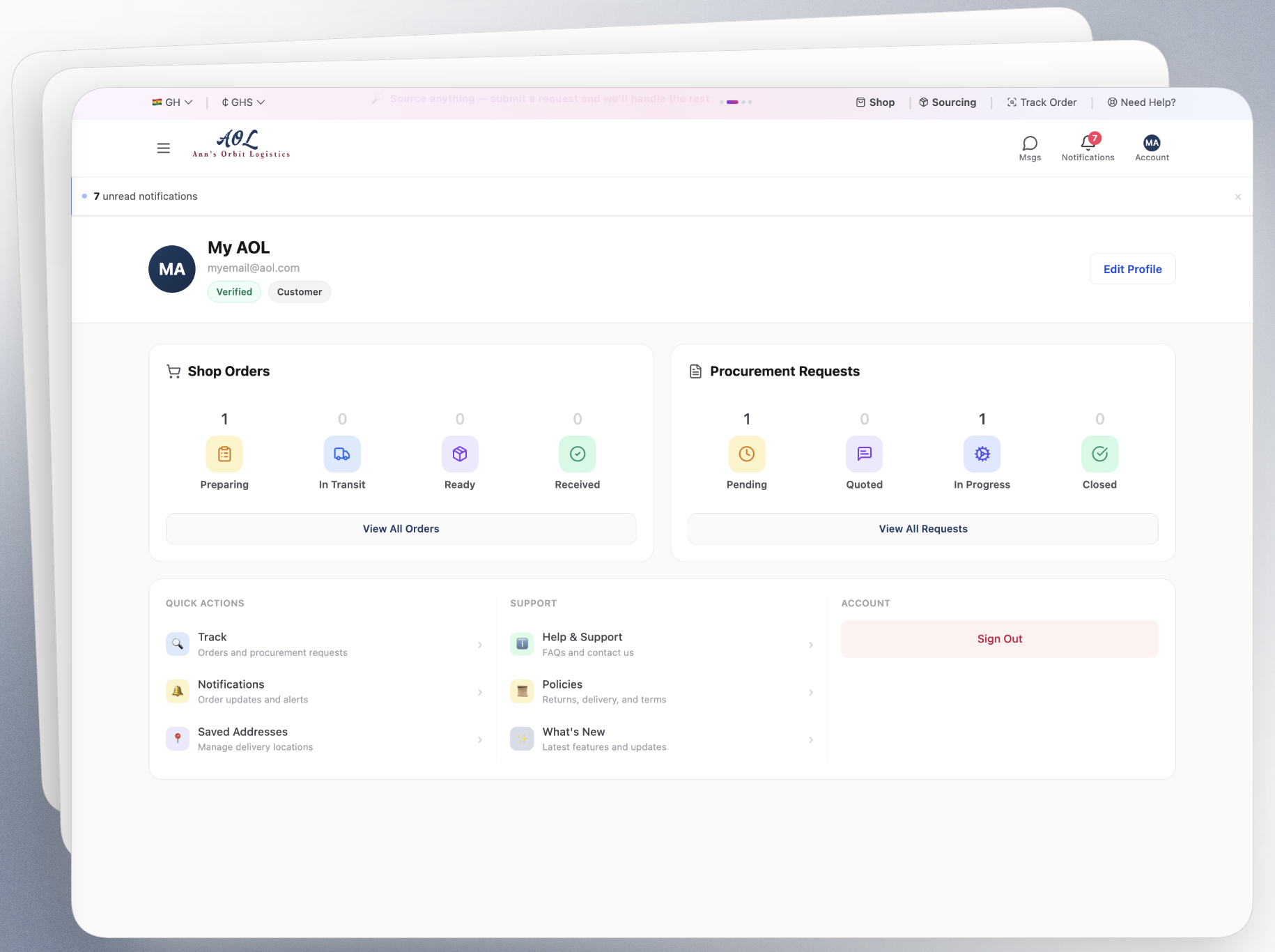 New AOL desktop account dashboard with orders and quick actions